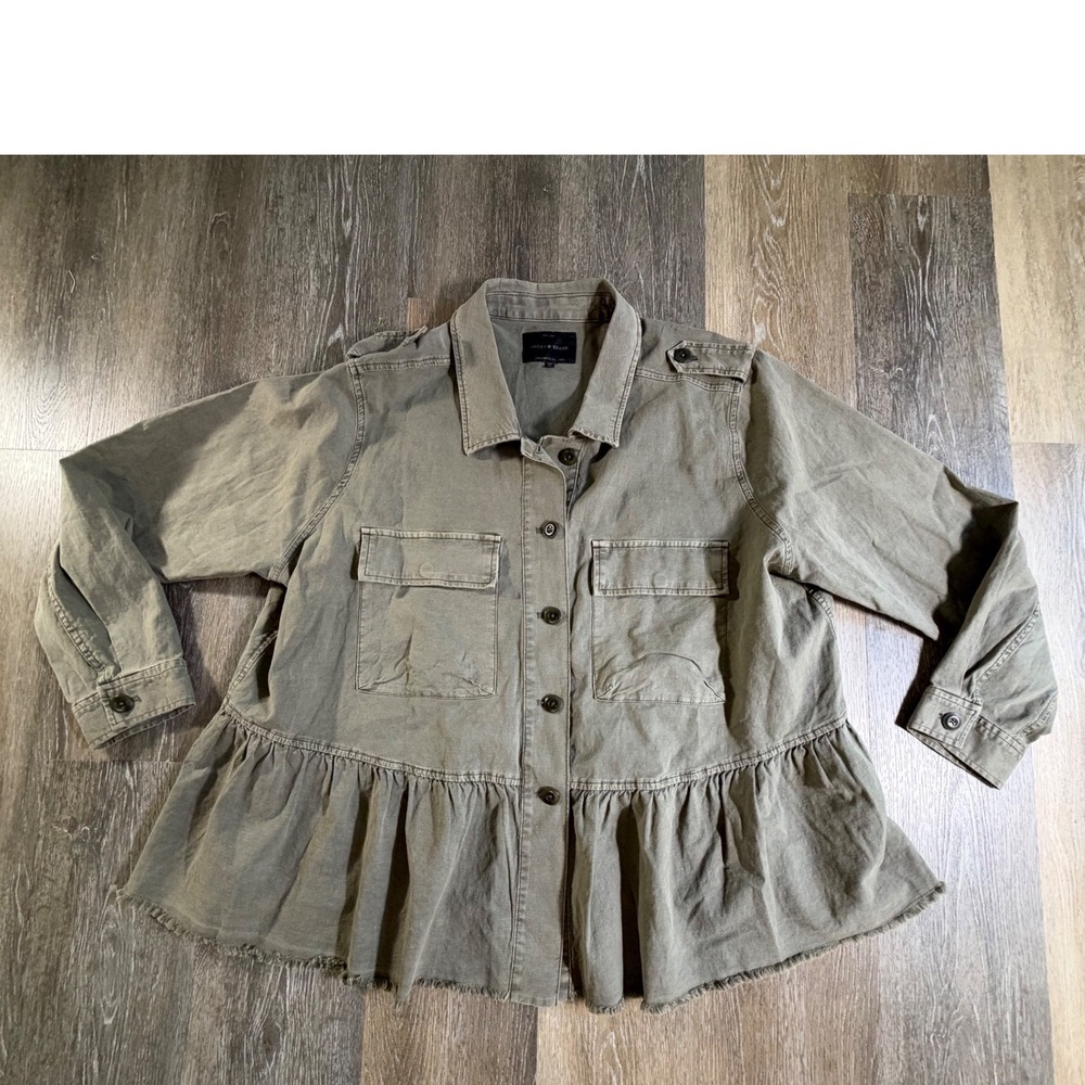 Lucky Brand Peplum Utility Jacket Women 3X Olive Green Frayed Hem Button Front